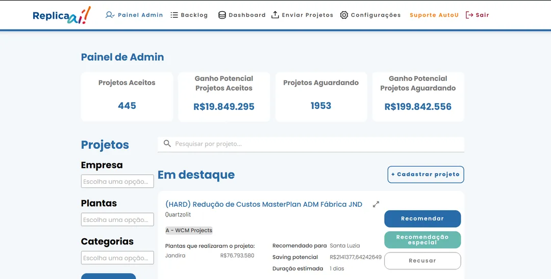 Uma plataforma que transformou 500 projetos dispersos em uma máquina de replicação, com IA que identifica oportunidades entre fábricas e converte aprendizado em resultado financeiro.
